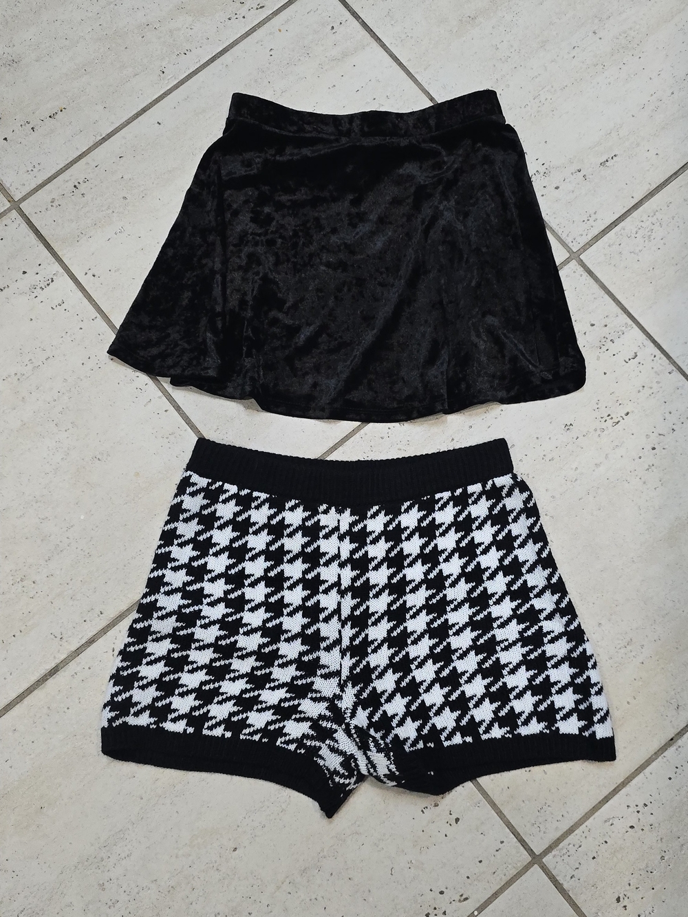 Fashion Nova Black Velvet Skirt with Black & White Houndstooth Knit Shorts
